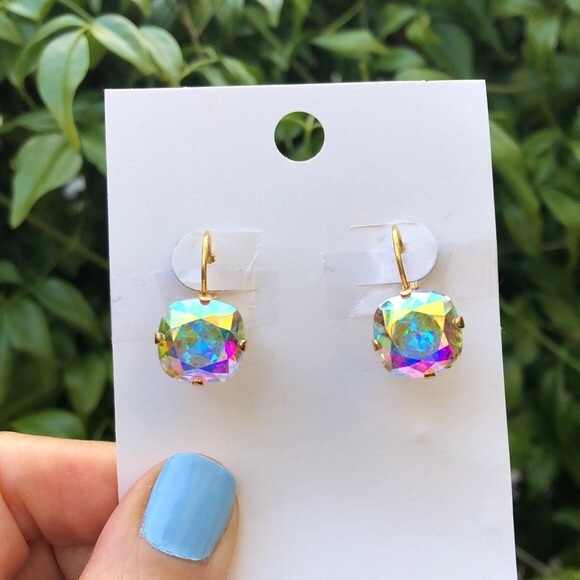Aurora Borealis Cushion Cut Crystal Drop Earrings - Picture 6 of 7